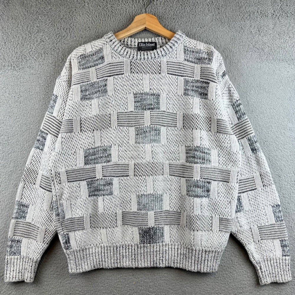 Ellis Island Vintage Mens Large Grey Geometric Knit Crewneck Sweater Made in USA
